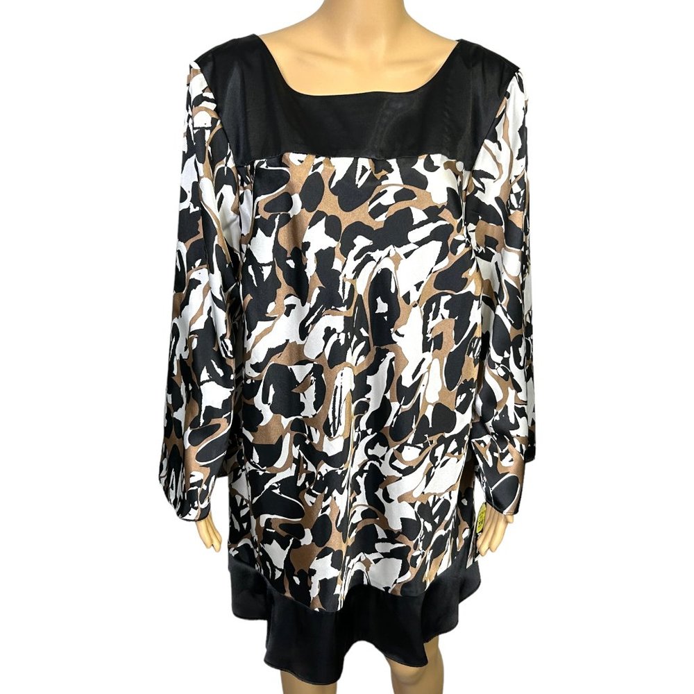 Vintage Dana Kay Womens 22W Black White Brown Long Sleeve Pullover Blouse Shirt